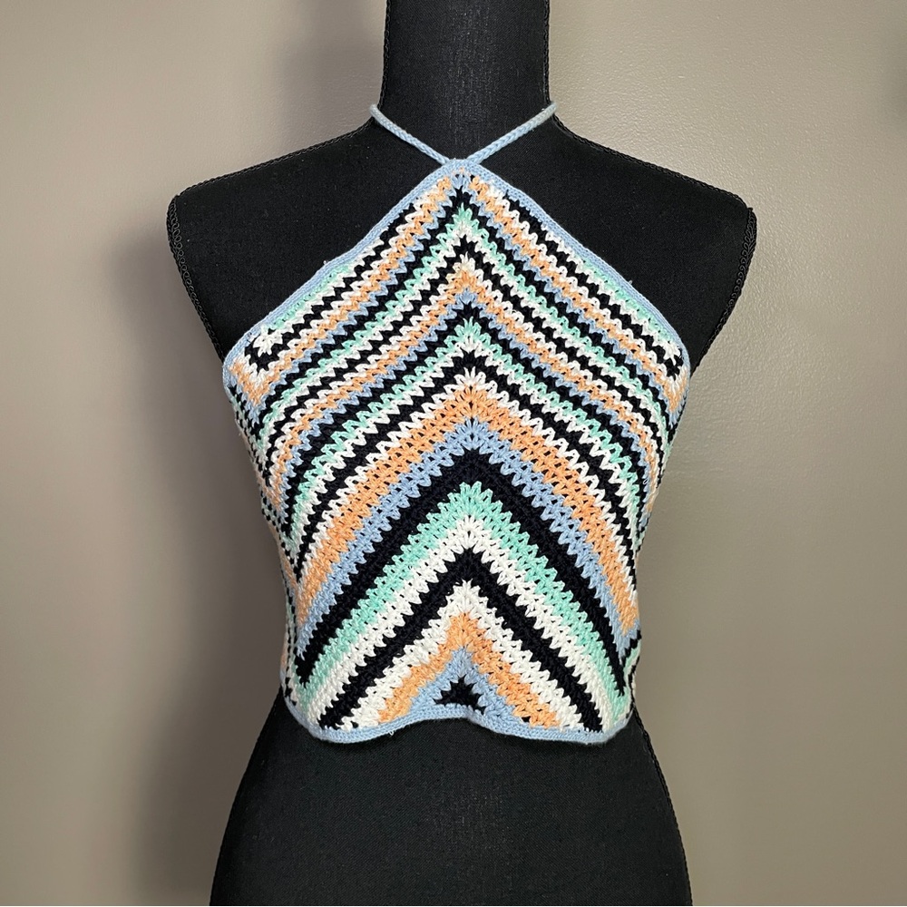 VICTOR GLEMAUD Chevron Crochet Halter Top 100% Cotton, Size S